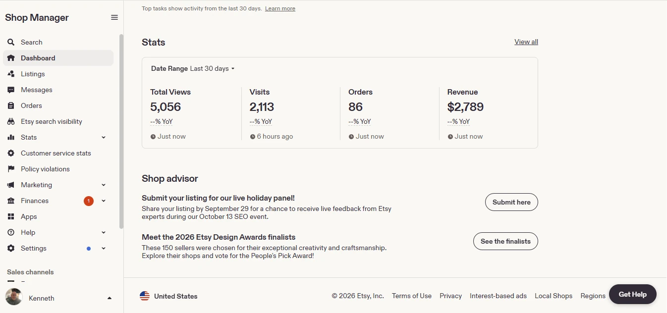 Etsy Shop Manager after: last 30 days show 5,056 views, 2,113 visits, 86 orders and $2,789 revenue