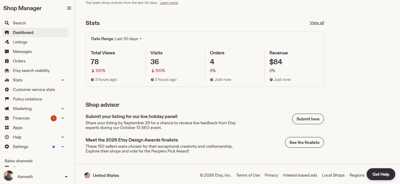 Etsy Shop Manager before: last 30 days show 78 views, 36 visits, 4 orders and $84 revenue