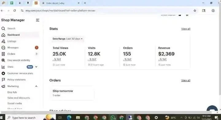 Jane's Etsy Shop Manager: last 30 days show 25.0K views, 12.8K visits, 155 orders and $2,369 revenue