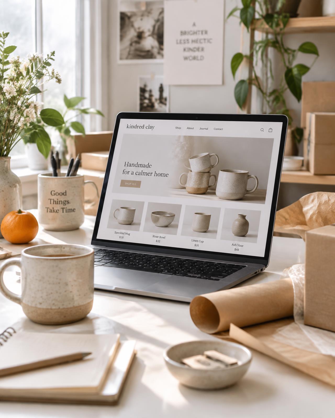 Etsy seller's studio desk with an online shop open on a laptop
